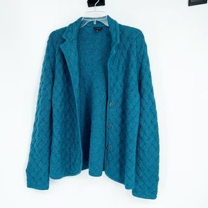 Talbots 100% Merino Wool Quilted Texture Teal Button Front Cardigan Sz Large